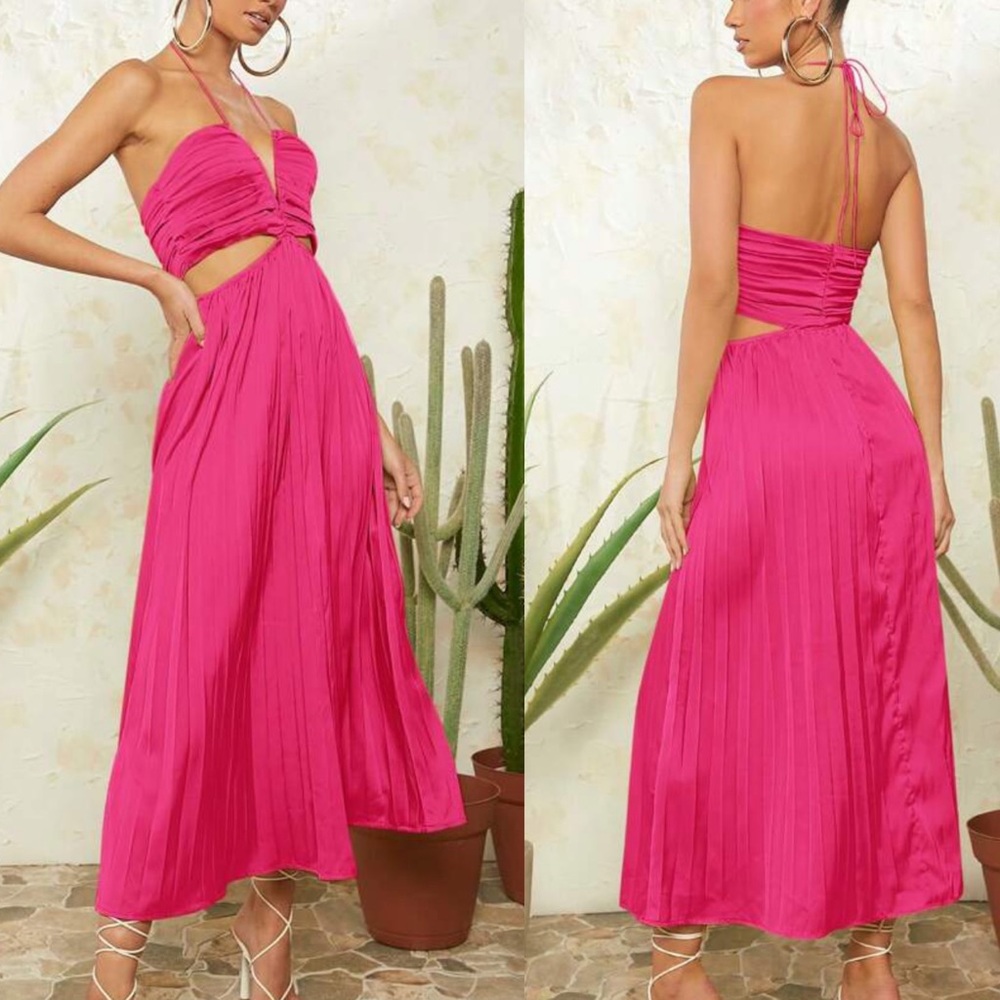 Pink Cut Out Ruched Halter neck pleated Satin midi Dress- straps can criss cross - Picture 1 of 14